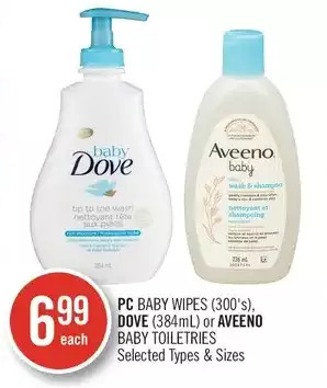 Shoppers Drug Mart Pc baby wipes, dove or aveeno baby toiletries offer