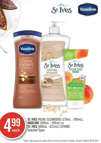 Shoppers Drug Mart St. ives facial cleansers, vaseline or st. ives lotions offer