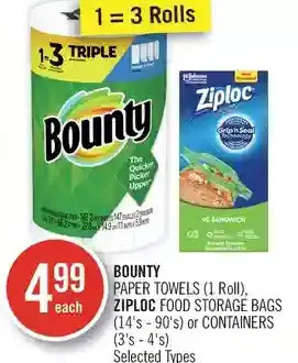 Shoppers Drug Mart Bounty paper towels, ziploc food storage bags or containers offer