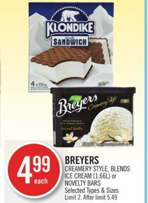 Shoppers Drug Mart Breyers creamery style, blends ice cream (1.66l) or novelty bars offer