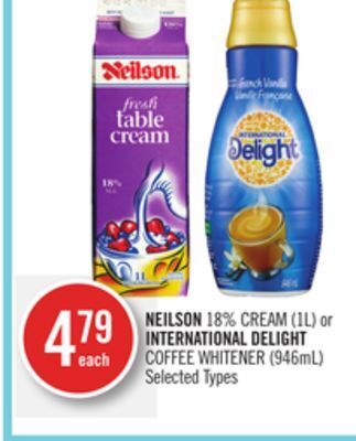 Shoppers Drug Mart Neilson 18% cream (1l) or international delight coffee whitener (946ml) offer