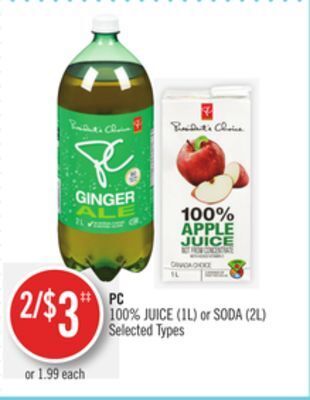 Shoppers Drug Mart Pc 100% juice (1l) or soda (2l) offer