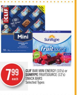 Shoppers Drug Mart Clif bar mini energy (10's) or sunrype fruitsource (12's) snack bars offer