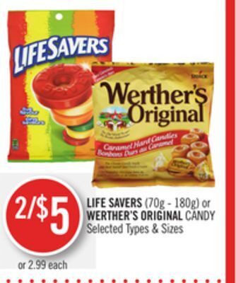 Shoppers Drug Mart Life savers (70g - 180g) or werther's original candy offer