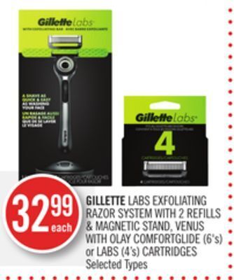 Shoppers Drug Mart Gillette labs exfoliating razor system with 2 refills & magnetic stand, venus with olay comfortglide (6's) or labs (4's) cart offer