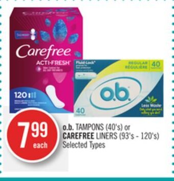 Shoppers Drug Mart O.b. tampons (40's) or carefree liners (93's - 120's) offer