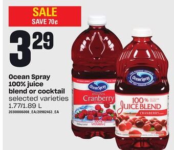 Independent City Market Ocean spray 100% juice blend or cocktail, 1.77/1.89 l offer