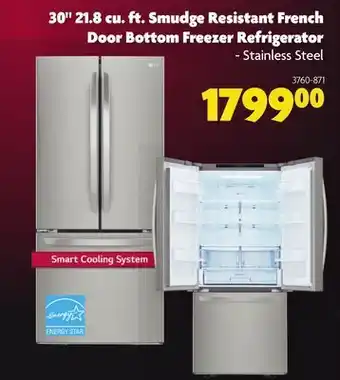 Home Hardware 30" 21.8 cu. ft. smudge resistant french door bottom freezer refrigerator offer