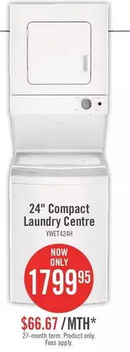 The Brick Whirlpool 1.8 cu.ft electric stacked laundry with impeller and soft-close glass lid centre controls- ywet4024hw offer