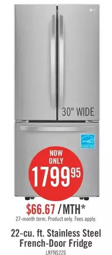 The Brick Lg 21.8 cu. ft. 3-door french door refrigerator - lrfns2200s offer