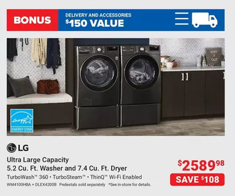 Visions Electronics Lg ultra large capacity 5.2 cu. ft. washer and 7.4 cu. ft. dryer offer
