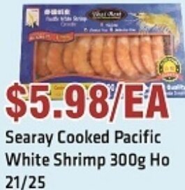 88 Supermarket Searay Cooked Pacific White Shrimp 300g Ho 21/25 offer