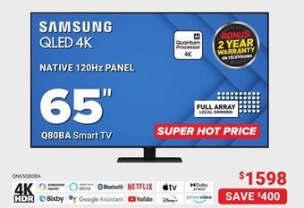Visions Electronics Samsung qled 4k native 120hz panel 65" q80ba smart tv offer