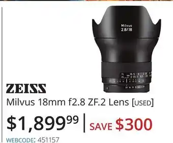 Vistek Zeiss milvus 18mm f2.8 zf. 2 lens offer