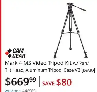 Vistek Cam gear mark 4 ms video tripod kit w/pan tilt head, aluminum tripod, case v2 offer