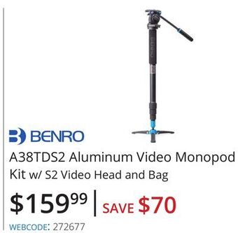 Vistek Benro a38tds2 aluminum video monopod kit w/ s2 video head and bag offer