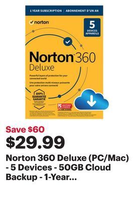 Best Buy Norton 360 deluxe (pc/mac) - 5 devices - 50gb cloud backup - 1-year subscription - digital download offer