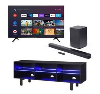 Aaron's Skyworth 75" smart 4k ultra hd tv w/ modern illumina tv stand & jbl soundbar offer