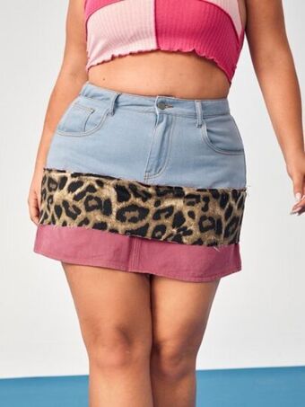SheIn Plus leopard print colorblock raw cut denim skirt offer