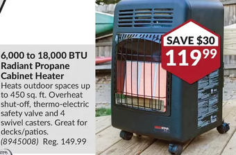 Princess Auto 6,000 to 18,000 btu radiant propane cabinet heater offer