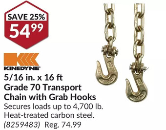 Princess Auto Kinedyne 5/16 in. x 16 ft grade 70 transport chain with grab hooks offer