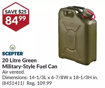 Princess Auto Scepter 20 litre green military-style fuel can offer