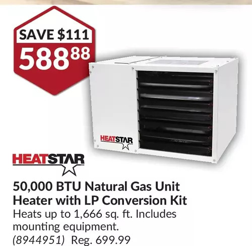 Heatstar 50,000 btu natural gas unit heater with lp conversion kit offer at Princess  Auto