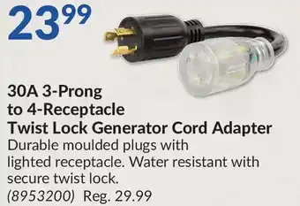 Princess Auto 30a 3-prong to 4-receptacle twist lock generator cord adapter offer
