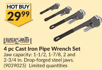 Princess Auto Mr. blacksmith 4 pc cast iron pipe wrench set offer