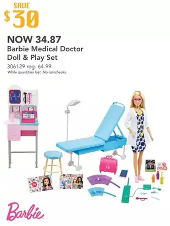 Toys R us Barbie medical doctor playset with blonde barbie doctor doll, 20+ medical accessories offer