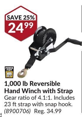 Princess Auto 1, 000 lb reversible hand winch with strap offer