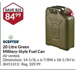 Princess Auto 20 litre green military-style fuel can offer