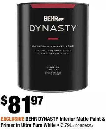 Home Depot Behr dynasty interior matte paint & primer in ultra pure white offer