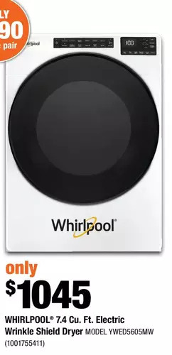 Home Depot Whirlpool 7.4 cu. ft. electric wrinkle shield dryer offer