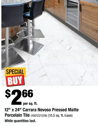 Home Depot 12" x 24" carrara nevoso pressed matte porcelain tile offer