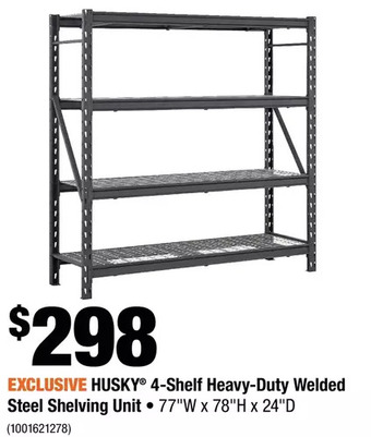Home Depot Husky 4-shelf heavy-duty welded steel shelving unit offer