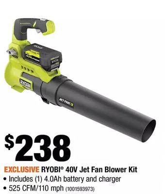 Home Depot Ryobi 40v jet fan blower kit offer