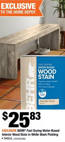 Home Depot Behr fast drying water-based interior wood stain in white wash pickling offer