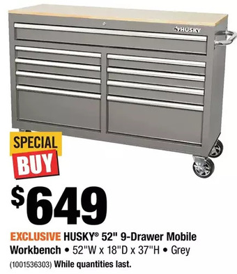 Home Depot Husky 52" 9-drawer mobile workbench offer
