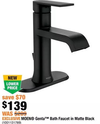 Home Depot Moen genta bath faucet in matte black offer