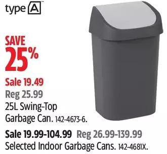 Canadian Tire Type a 25l swing-top garbage can offer