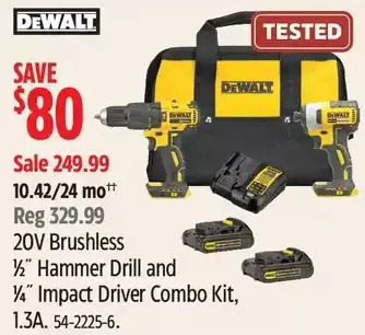 Canadian Tire Dewalt 20v brushless ½" hammer drill and ¼" impact driver combo kit, 1.3a offer