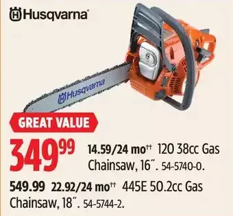 Canadian Tire Husqvarna 120 38cc gas chainsaw, 16" | 445e 50.2cc gas chainsaw, 18" offer