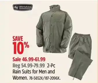 Canadian Tire Wetskins 2-pc rain suits for men and women offer