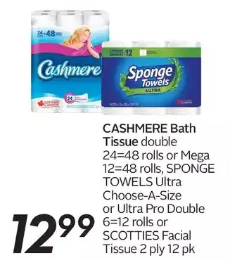 Sobeys Cashmere bath tissue, sponge towels ultra choose-a-size or ultra pro or scotties facial tissue offer