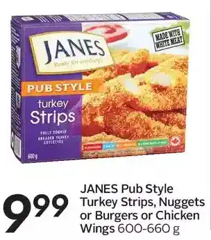 Sobeys Janes pub style turkey strips, nuggets or burgers or chicken wings offer