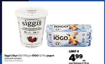 Real Canadian Superstore Siggi's skyr, 650/750 g or iögo, 12/16's yogurt offer