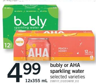 Fortinos Bubly or aha sparkling water, 12x355 ml offer