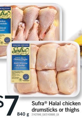 Fortinos Sufra® halal chicken drumsticks or thighs, 840 g offer