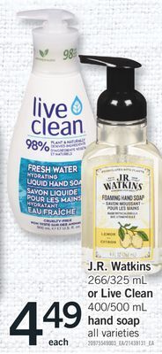 Fortinos J.r. watkins 266/325 ml or live clean 400/500 ml hand soap offer